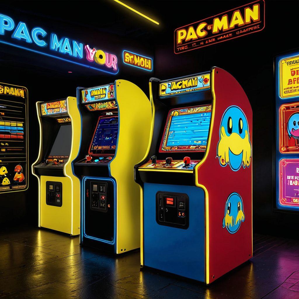 A vibrant scene featuring a classic Pac-Man arcade machine glowing in neon colors, with a nostalgic retro gaming atmosphere filled with colorful ghosts chasing Pac-Man. In the foreground, a hand reaching out to interact with the joystick, symbolizing skill mastery. Background filled with vintage arcade game poster designs and a glowing title 'Level Up Your Skills'. super-realistic. neon colors. retro style.
