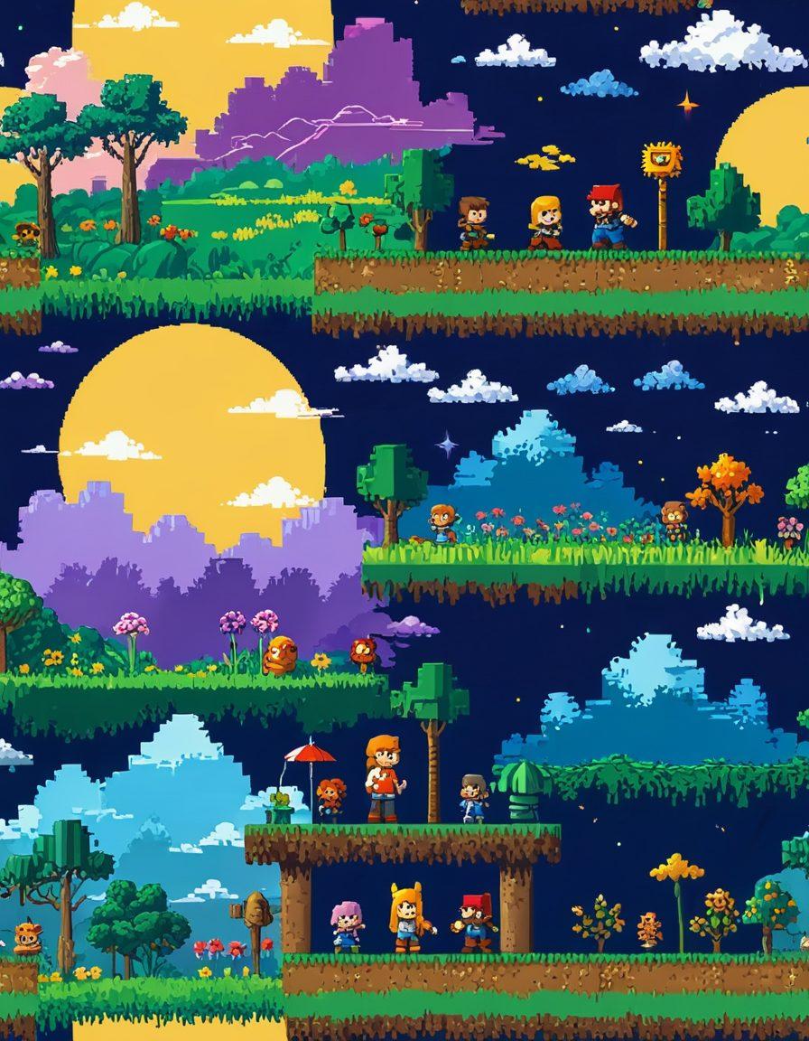 A vibrant collage of iconic pixel art characters from classic video games, set against a retro gaming console backdrop. Include elements like an 8-bit landscape featuring lush green fields, pixelated clouds, and a golden sunburst, evoking feelings of nostalgia. Add subtle glowing effects to the characters to enhance their charm. Capture the essence of joy and adventure from the golden era of gaming. pixel art. vibrant colors. retro style.