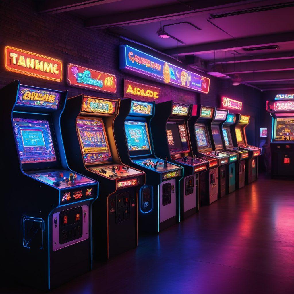 A dynamic retro arcade scene featuring a colorful assortment of classic arcade machines, vibrant pixel art characters reaching for high scores, and neon lights illuminating the environment. In the background, a player excitedly interacts with a joystick, surrounded by a high score board displaying impressive numbers. The overall atmosphere is energetic and nostalgic, inviting viewers to rediscover the thrill of arcade gaming. pixel art. vibrant colors.